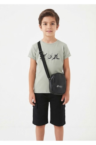 Gülerçocuk Erkek Çocuk Seul Baskılı Haki Tişört Ve Siyah Kargo Şort Kombini + Çanta Hediyeli / Takımlı Stritwear Set Haki Haki