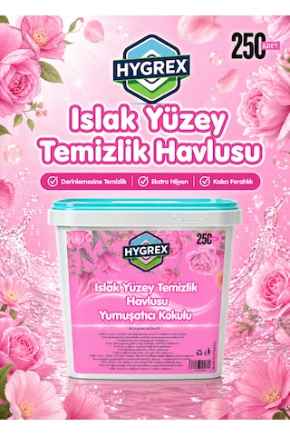 Hygrex Yüzey Temizlik Havlusu Yumuşatıcı Kokulu Islak Kova Mendil 250 Adet Ev Ofis Tüm Yüzeyler Beyaz