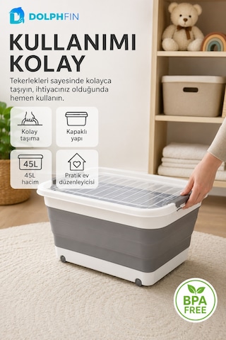 45 L Tekerlekli Katlanabilir Saklama Kutusu Kapaklı Çok Amaçlı Ev Düzenleyici Organizer Beyaz - Gri
