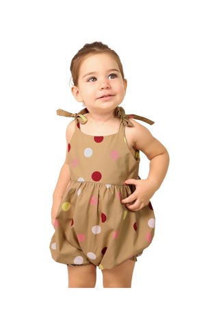 100% Pamuk Puantiyeli Askılı Yazlık Kız Bebek Tulum Kahverengi