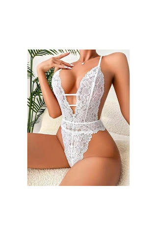 E Bulurum Beyaz Dantel İşlemeli Göğüs Dekolteli Body Beyaz