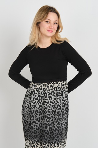 Sistas Kadın Leopar Desenli Yanları Yırtmaçlı Bisiklet Yaka Elbise 24922 Gri-bej Gri-bej