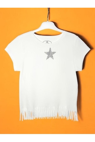 Escabel Kız Çocuk Pamuklu Taşlı Yıldız T-shirt-15713 Ekru