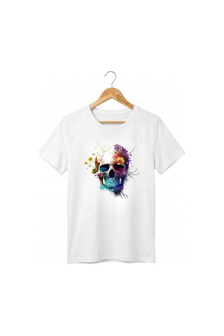 Beyaz / Siyah Kadın Bisiklet Yaka Renkli Çiçekli Kurukafa Baskılı Pamuklu T-shirt Beyaz