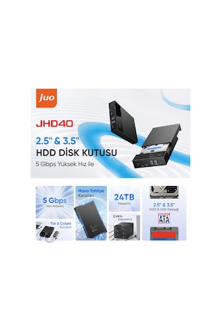Juo Jhd40 2.5" Ve 3.5" İnç Sata Hdd Ssd Harici Disk Kutusu, Usb 3.1 Type-c 5gbps, 3 Port Usb Hub, 24tb Destekli
