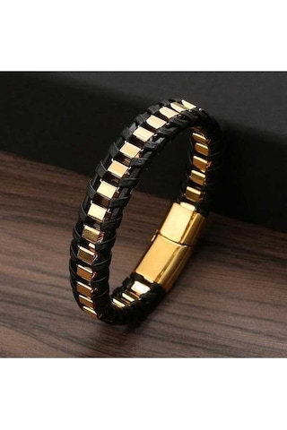 Novahub Altın Erkekler İçin Hakiki Deri Zincir Bileklik Kaplama Takı Paslanmaz Çelik Toka Altın 21.5cm Kişiselleştirilmiş Altın