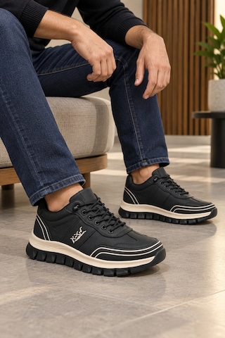 In Step Perra Erkek Siyah Deri Sneaker - Bej Kalın Tabanlı Günlük Spor Ayakkabı