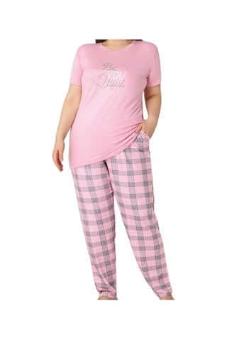 Kadın Bisiklet Yaka Düğmesiz Battal Kesim Viskon Yazlık Kısa Kol Cepli Büyük Beden Pijama Takımı Pudra