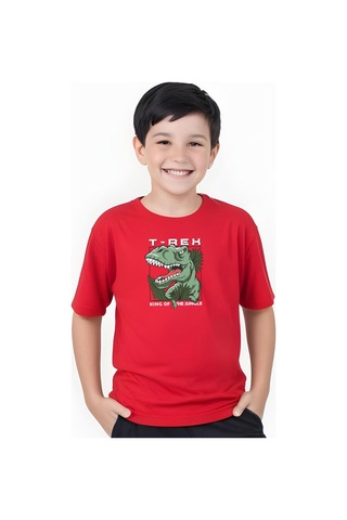 Panios Kids T-rex Baskılı Erkek Çocuk Kısa Kollu Tişört Kırmızı