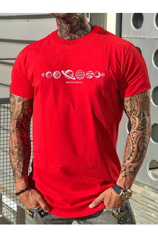 Space Created T-shirt - Kırmızı Baskılı Oversize Bisiklet Yaka Kısa Kol Tişört Kırmızı