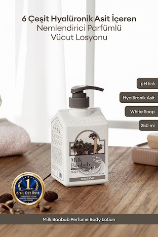 6 Hyalüronik Asitle Nemlendiren Parfümlü Vücut Losyonu Mılk Baobab Perfume Body Lotion White Soap