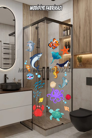 Sevimli Deniz Canlıları Temalı Banyo Duvar Stickerı Mavi