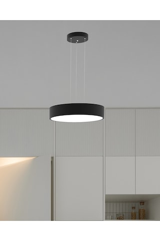Drum 40cm Siyah Kasa, Beyaz Işık Modern Sarkıt Led Avize Siyah