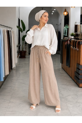 Esra Butik78 Kadın Müslin Kumaş Bol Paça Pantolon Beli Lastikli Cepli Yazlık Rahat Günlük Pantolon 36-44 Beden Pembe