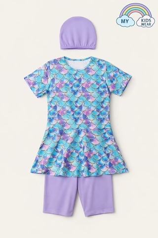 My Kids Wear Kız Çocuk Desenli Şortlu Bone Li Mayo Takımı 12574 Lila