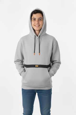 Kapşonlu Kanguru Cepli Detaylı Erkek Çocuk Sweatshirt-90835 Gri