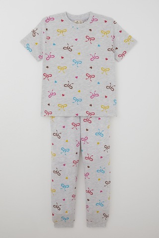 Paty Kıds Kız Çocuk Pijama Takımı Kısa Kollu Renkli Fiyonklu & Kalp Desenli 8-12 Yaş, Açık Gri Melanj