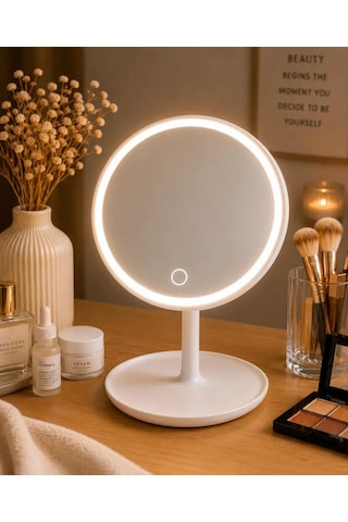 Led Işıklı Dimmerli Usb Şarjlı Dokunmatik Makyaj Aynası Beyaz - 3 Renk Işık Modu 360 Döner Masaüstü Ayna Yuvarlak