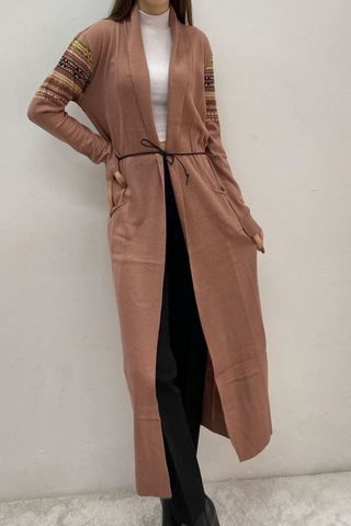 Onno Style Women Kilim Desen Uzun Ceket Somon