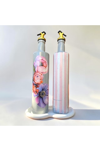 750 Ml Büyük Boy El Yapımı Cam Yağdanlık Sirkelik 2'li Set Çiçek Desenli Ve Çizgili Dekoratif Zeyt Pembe Ve Beyaz