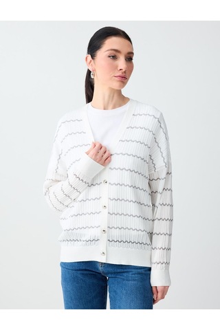Jimmy Key Jimmy Key Kırık Beyaz Rahat Kesim V Yaka Çizgi Desenli Triko Hırka 6sw105673106