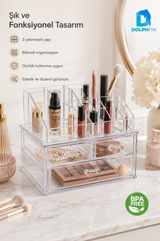 Organizerli 3 Çekmeceli Kozmetik Set Şeffaf Makyaj Takı Ruj Oje Pamuk Düzenleyici
