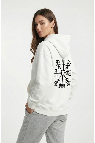 Nevermind Unisex Vegvisir Pusula Baskılı Sevgili Kombini Oversize Hoodie Seti Beyaz