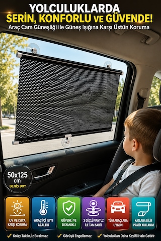 2 Adet Araç Yan Cam Güneşliği Stor 50x125 Cm 3 Vantuzlu Otomatik Toplanan Oto Cam Gölgelik Perde Uv