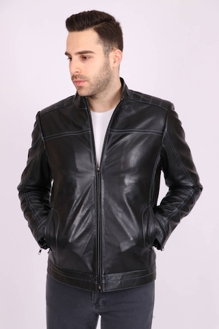 Erkek Siyah Hakiki Deri Hakim Yaka Punto Dikişli Spor Mont