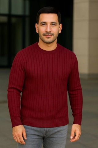 Tarzyeri Erkek Bisiklet Yaka Triko Kazak Pamuklu Kalın Fitilli Dokuma Regular Fit - Bordo Yeşil