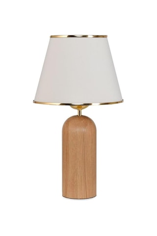 Silos Masif Ahşap Ayaklı Gold Detaylı Krem Kumaş Şapkalı Dekoratif Abajur Krem - Gold