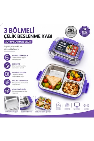 Muzeko Staınless Stell 3 Bölmeli Paslanmaz Çelik Yemek Kabı Sızdırmaz Kapaklı, Taşınabilir Beslenme Kabı Mor Kapaklı886 800ml Açık Mor