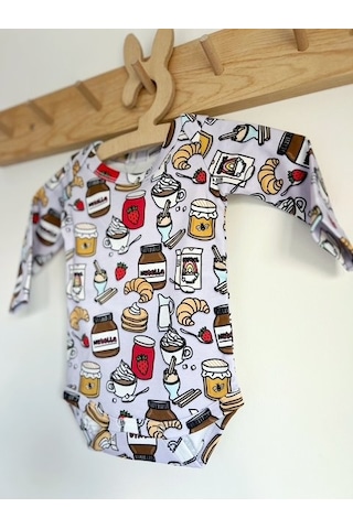 Key Kıds Nutella Kruvasan Desen Lila %100 Organik Pamuklu Unisex Bebek Body Zıbın