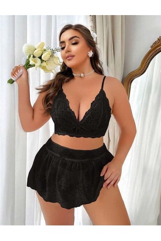 E-bulurum Kadın Closet Özel Tasarım Büyük Beden Siyah Dantel İşlemeli Mini Etekli Sütyen Takımı