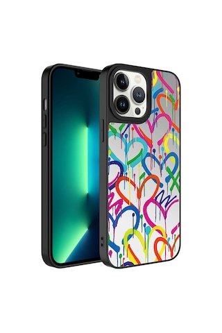 Apple Uyumlu iPhone 13 Pro Max Uyumlu Aynalı Desenli Kamera Korumalı Parlak Zore Mirror Kılıf-kalp Kalp -
