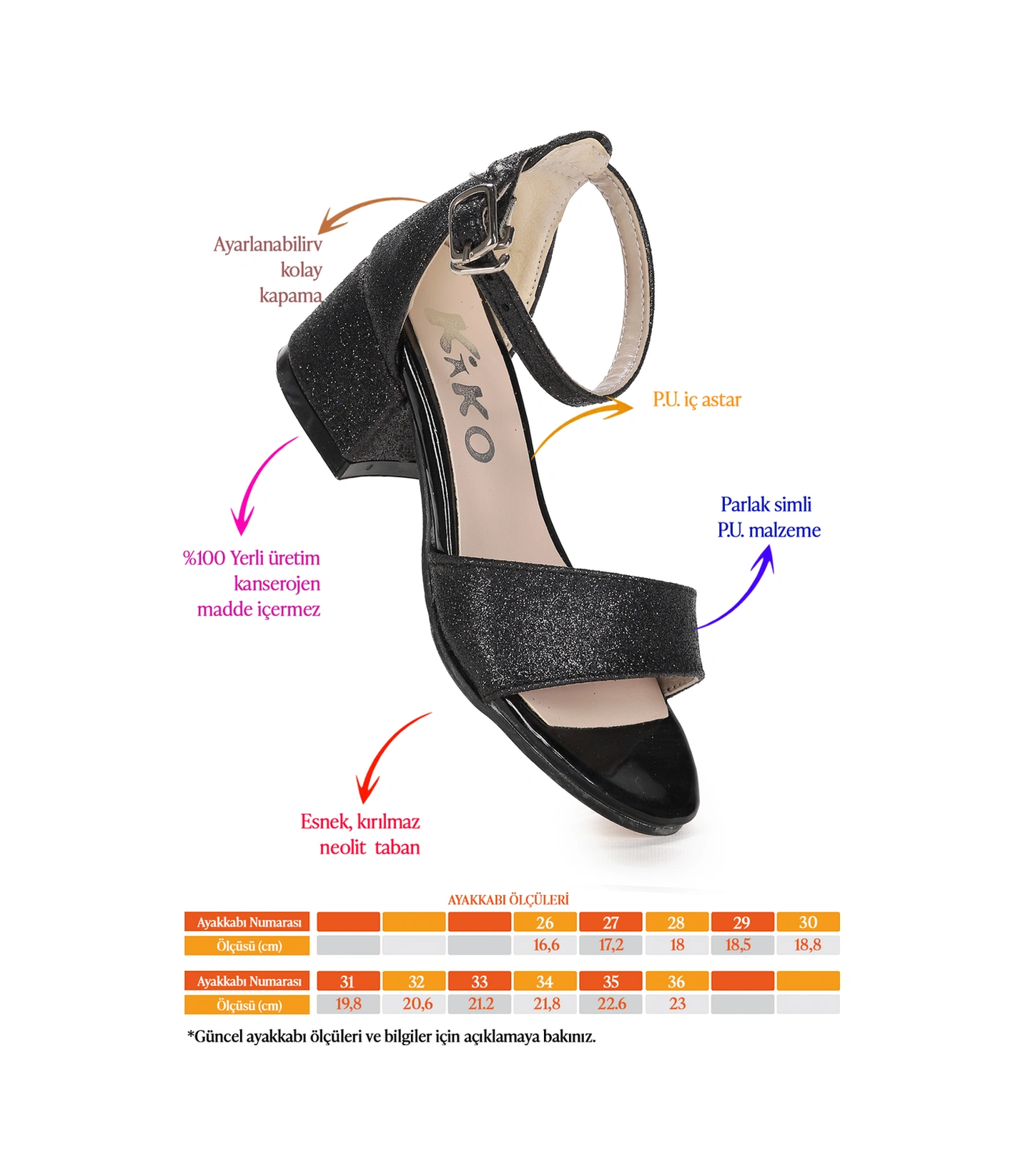 Kiko Kids Alexa Günlük Kız Çocuk 4 Cm Topuklu Sandalet Abiye Ayakkabı Siyah Siyah