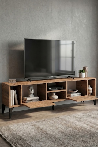 Tv Sehpası 160 Cm Modern Çok Amaçlı Dolaplı Raflı Televizyon Ünitesi Linya Atlantik Çam
