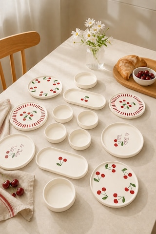 Vita Cherry 14 Parça 6 Kişilik Stackable Kahvaltı Takımı - Lüx Kahvaltılık Sunum Seti Tabağı Beyaz