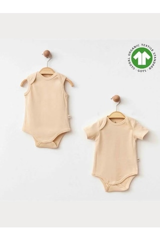 Zekids Bebek Organik Pamuklu Kolsuz Çıtçıtlı İkili Body Set-15901 Bej