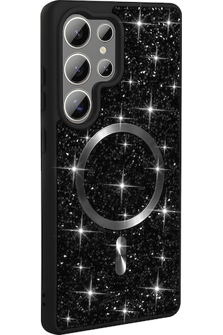 Galaxy S25 Ultra Uyumlu Kılıf Pırlanta Tasarımlı Magsafe Şarj Özellikli Zore Mozaik Silikon Kapak - Siyah