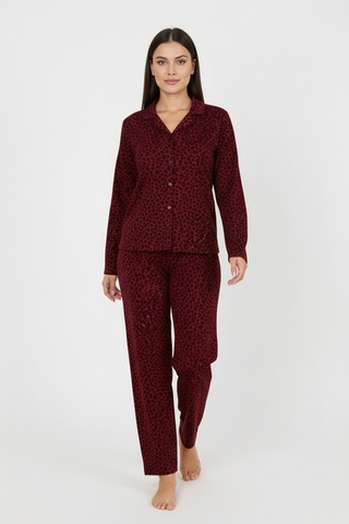 Bravie Luxury Soft Bordo Leopar Desenli Uzun Kollu Kadın Pijama Takımı Büyük Beden 3002 Bordo