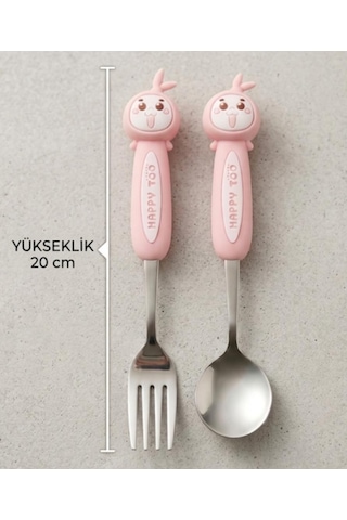 Sevimli Figürlü Premium Çocuk Bpa Free Paslanmaz Çelik Uçlu Çatal-kaşık Set 24+ Ay Açık Pembe