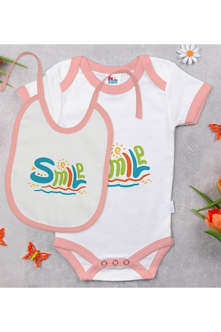 Bk Kids Smile Tasarımlı Pembe Bebek Body Zıbın Ve Mama Önlüğü Hed Çok Renkli