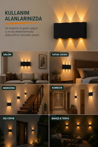 Amber Led Aplik Aydınlatma Çift Taraflı Led Dekoratif Duvar Aplik Siyah