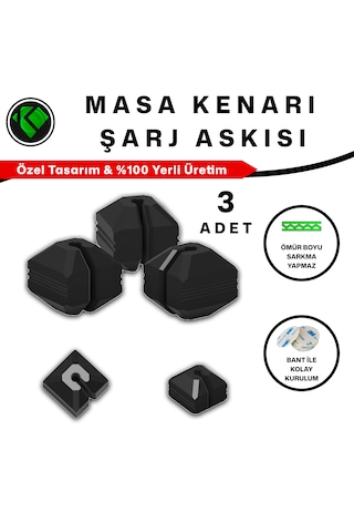 3 Adet Masa Kenarı Şarj Askısı - Güçlü 3m Bantlı Masa Kenarı Kablo Ve Şarj Ucu Tutucu Klips