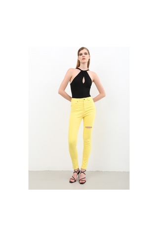 Kadın Yırtık Detaylı Jean Pantolon Sarı 001