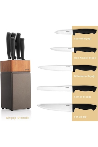 Schafer Solide Standlı 6 Parça Bıçak Seti Ahşap Takozlu Gri