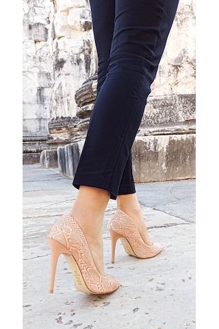 White Line Talaria Yılan Desenli Rugan Yüksek Topuk Stiletto 001 - Pudra