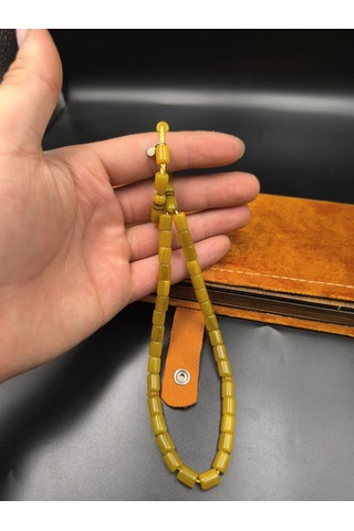 Usta İmzalı Osmanlı Benzetme Sıkma Kehribar Tesbih Muhammed Dabbas, Hardal Sarısı, 9x7 Mm Gümüş