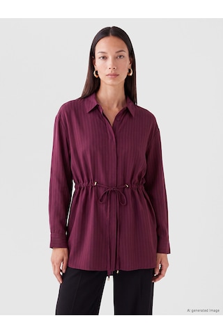 Lcw Everyday Bordo Beli Bağcıklı Çizgili Kadın Gömlek Tunik